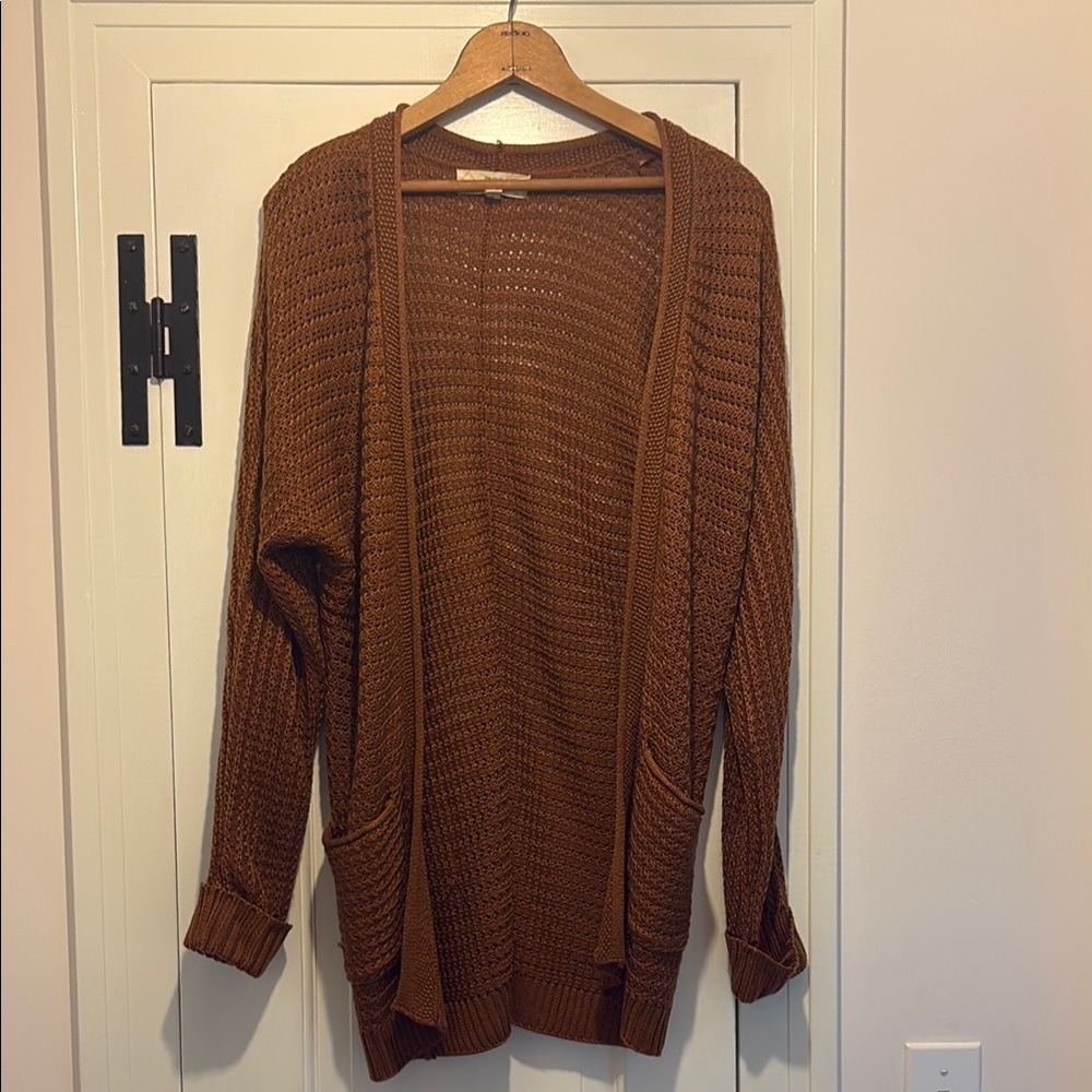 Warm Brown Knit Cardigan with Ribbed Details